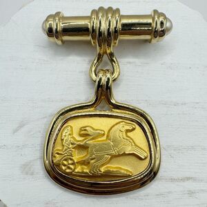 Vtg Roman Greek Chariot Scene Bar Brooch With Dangling Charm Large Historical